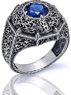 Yıldırım Mavi Zirkon Taşlı, Oymalı 925 Ayar Gümüş  Erkek  Yüzük