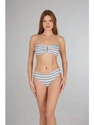 Estiva Kadın Çizgili Mavi Beyaz Desenli Tokalı Straplez Bikini Takımı