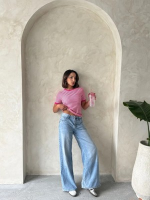 Cemo Kadın Çizgili Bisiklet Yaka Kontrast Ribana Detaylı Kısa Kollu Tişört