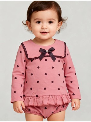 Bebesen Kız Bebek Takım Külotlu Pudra Puantiyeli Fiyonklu(6-9-12-18 Ay)