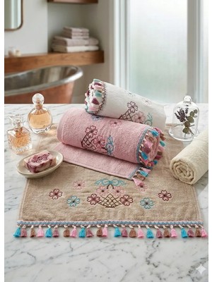 Z&N Style Çeyizlik 50X90 Cm. Kanaviçe Çiçek Desenli Püsküllü Kadife Lüks Havlu Seti 3'lü Set