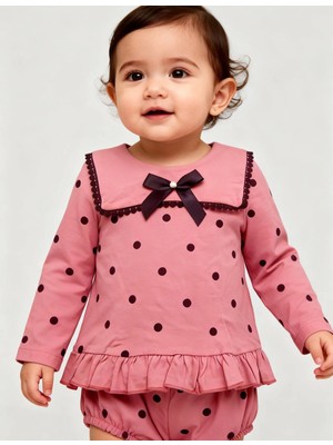 Bebesen Kız Bebek Takım -Külotlu Pudra Puantiyeli Fiyonklu(6-9-12-18 Ay)