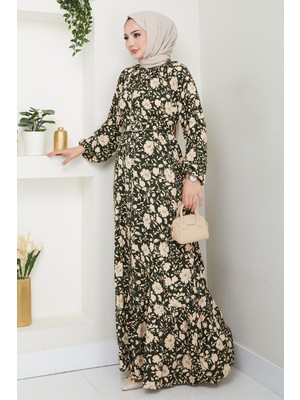 inStyle Gölge Çiçek Desen Haki Viskon Elbise