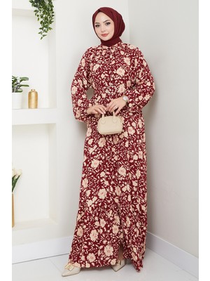 inStyle Gölge Çiçek Desen Kırmızı Viskon Elbise