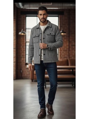 Zueofficial Erkek Kaşe Dokulu Balıksırtı Desenli Siyah Ceket