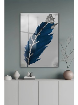 KutuTR Lacivert ve Gümüş Detaylı Modern Yaprak Temperli Cam Tablo 2d Uv Baskı - YCT667