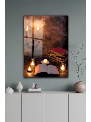 KutuTR Mum Işığı ve Kitap Temalı Romantik Dekoratif Temperli Cam Tablo 2d Uv Baskı - YCT665