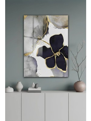 KutuTR Lacivert ve Altın Çiçek Desenli Soyut Temperli Cam Tablo 2d Uv Baskı - YCT607