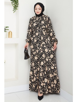 inStyle Gölge Çiçek Desen Siyah Viskon Elbise