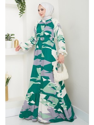 inStyle Botanik Desen Koyu Yeşil Viskon Elbise