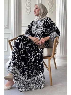 inStyle Kıvrımlı Sarmal Desen Siyah Viskon Elbise