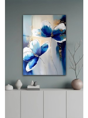 KutuTR Mavi ve Altın Detaylı Soyut Çiçek Desenli Temperli Cam Tablo 2d Uv Baskı - YCT617