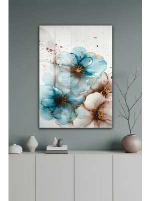 KutuTR Turkuaz ve Altın Detaylı Çiçek Desenli Temperli Cam Tablo 2d Uv Baskı - YCT618