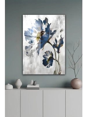 KutuTR Mavi Beyaz Çiçekli Modern Soyut Modern Temperli Cam Tablo 2d Uv Baskı - YCT666