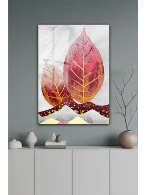 KutuTR Kırmızı Altın Yaprak Desenli Modern Temperli Cam Tablo 2d Uv Baskı - YCT643