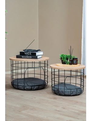 Evle 2'li Kedi Yuvalı Sepet Sehpa Takımı, Minderli Metal Orta Sehpa, Ahşap Tablalı Kedi Yatağı