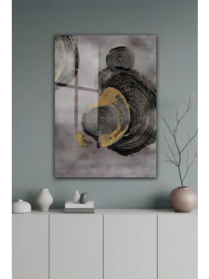 KutuTR Siyah ve Altın Dokulu Soyut Ağaç Halkası Temperli Cam Tablo 2d Uv Baskı - YCT602