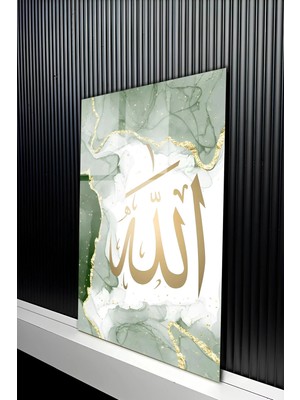 KutuTR Allah Lafzı Yeşil Mermer Desenli Altın Varak Efektli Temperli Cam Tablo 50X70CM 2d Uv Baskı - YCT585