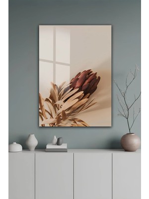 KutuTR Bej Zeminli Kahverengi Protea Çiçekli Dekoratif Temperli Cam Tablo 50X70 cm 2d Uv Baskı - YCT556
