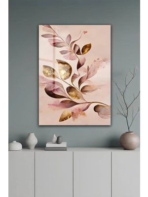 KutuTR Pudra Pembe ve Gold Yaprak Desenli Bej Zeminli Temperli Cam Tablo 50X70 cm 2d Uv Baskı - YCT544
