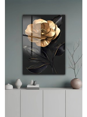 KutuTR Altın Varak Görünümlü Soyut Çiçek Tasarımlı Temperli Cam Tablo 50X70 cm 2d Uv Baskı - YCT517