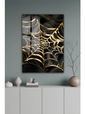KutuTR Altın Renkli Soyut Örümcek Ağı Tasarımlı Temperli Cam Tablo 50X70 cm 2d Uv Baskı - YCT503