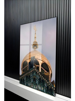 KutuTR Altın Sarısı Cami Kubbesi ve Hilal Temalı Temperli Cam Tablo 50X70 cm 2d Uv Baskı - YCT500