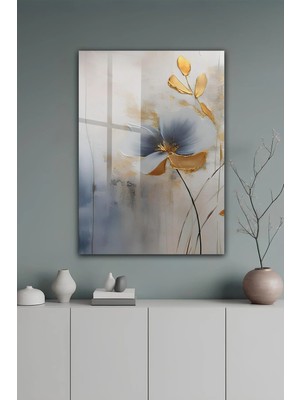 KutuTR Mavi ve Altın Dokulu Çiçek Desenli Temperli Cam Tablo 2d Uv Baskı - YCT603