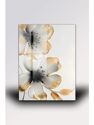 KutuTR Altın Detaylı Siyah Beyaz Çiçek Temalı Temperli Cam Tablo 50X70 cm 2d Uv Baskı - YCT597