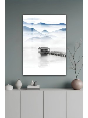 KutuTR Mavi Tonlarda Sisli Dağ Manzarası Iskeleli Temperli Cam Tablo 50X70 cm 2d Uv Baskı - YCT594