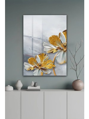 KutuTR Altın Varaklı Beyaz Çiçekler Modern Temperli Cam Tablo 2d Uv Baskı - YCT631