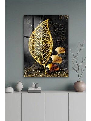 KutuTR Siyah Zemin Üzerine Altın Yaprak Desenli Lüks Temperli Cam Tablo 2d Uv Baskı - YCT627