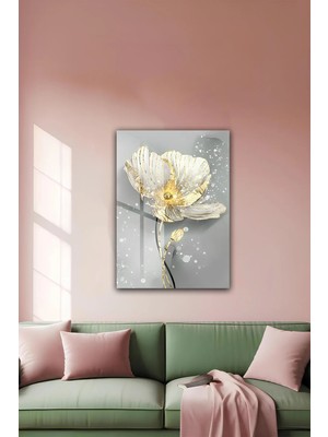 KutuTR Altın Varaklı Beyaz Çiçek Desenli Temperli Cam Tablo 2d Uv Baskı - YCT608