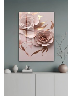 KutuTR Pudra Pembe ve Gold Detaylı Gül Desenli Temperli Cam Tablo 50X70 cm 2d Uv Baskı - YCT549