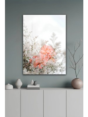 KutuTR Soft Gri Zeminli Somon Çiçekli Minimal Dekoratif Temperli Cam Tablo 50X70 cm 2d Uv Baskı - YCT559