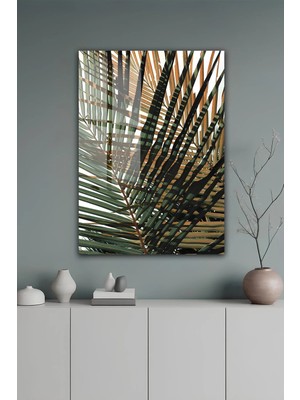 KutuTR Modern Tropikal Palmiye Yaprak Desenli Temperli Cam Tablo 50X70 cm 2d Uv Baskı - YCT538