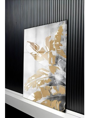 KutuTR Gümüş ve Altın Varaklı Soyut Büyük Yaprak Desenli Temperli Cam Tablo 50X70 cm 2d Uv Baskı - YCT519
