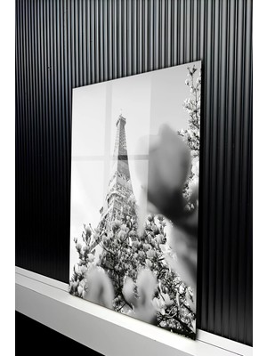 KutuTR Siyah Beyaz Eyfel Kulesi ve Çiçekler Temalı Temperli Cam Tablo 50X70 cm 2d Uv Baskı - YCT479