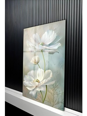 KutuTR Modern Beyaz Çiçek Tasarımlı Temperli Cam Tablo 50X70 cm 2d Uv Baskı - YCT477
