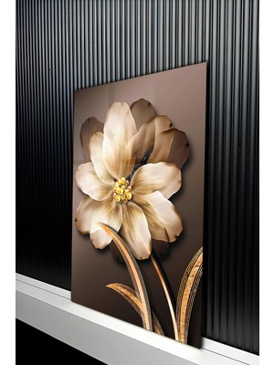 KutuTR Premium Vizon ve Gold Çiçek Tasarımlı Temperli Cam Tablo 50X70 cm 2d Uv Baskı - YCT457