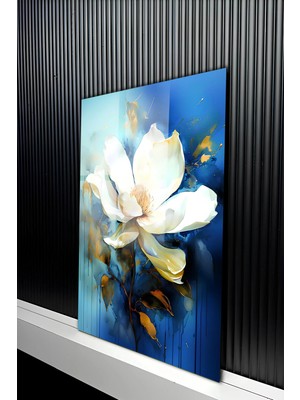 KutuTR Gece Mavisi Zeminli Beyaz Çiçek Temalı Temperli Cam Tablo 50X70 cm 2d Uv Baskı - YCT420