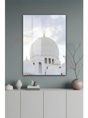 KutuTR Islami Mimari Beyaz Cami Kubbesi ve Hilal Temalı Temperli Cam Tablo 50X70 cm 2d Uv Baskı - YCT501
