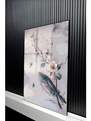 KutuTR Mmodern Sanatsal Çiçek ve Tüy Tasarımlı Temperli Cam Tablo 50X70 cm 2d Uv Baskı - YCT412