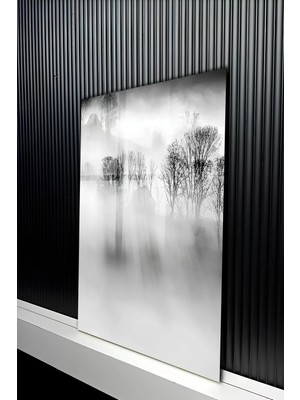 KutuTR Siyah Beyaz Puslu Orman ve Doğa Manzaralı Temperli Cam Tablo 50X70 cm 2d Uv Baskı - YCT383