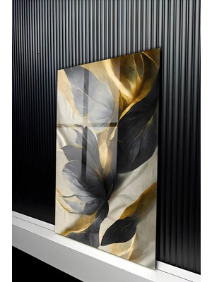 KutuTR Modern Antrasit ve Gold Yaprak Tasarımlı Temperli Cam Tablo 50X70 cm 2d Uv Baskı - YCT444