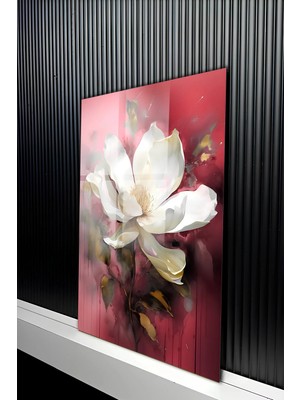 KutuTR Modern Bordo Zemin Üzeri Beyaz Manolya Tasarımlı Temperli Cam Tablo 50X70 cm 2d Uv Baskı - YCT358