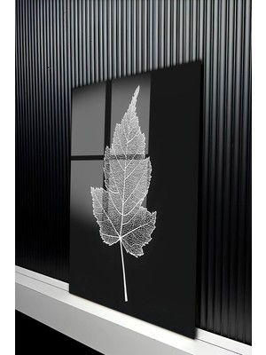 KutuTR Siyah Zemin Üzeri Beyaz Yaprak Iskeleti Tasarımlı Temperli Cam Tablo 50X70 cm 2d Uv Baskı - YCT355