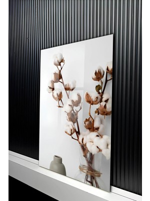 KutuTR Bohem Tarz Vazolu Pamuk Çiçeği Dalları Temperli Cam Tablo 50X70 cm 2d Uv Baskı - YCT334