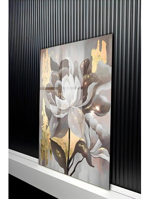 KutuTR Gold Detaylı Modern Çiçek Desenli Antrasit ve Bej Cam Tablo 50X70 cm 2d Uv Baskı - YCT314