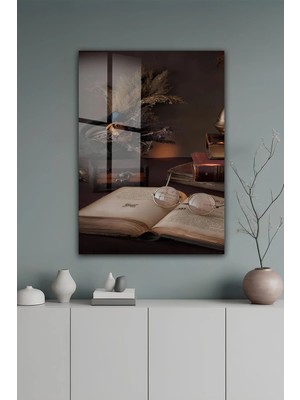 KutuTR Vintage Kitap ve Gözlük Temalı Temperli Cam Tablo 2d Uv Baskı - YCT663